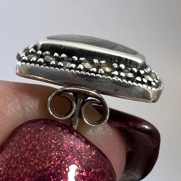 Sterling Silver 925 Abalone & Marcasite Pierced Earrings Signed KTH, 7.6 grams - Picture 3 of 9